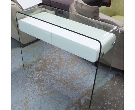 CONSOLE TABLE, contemporary design arched glass with floating white drawers, 108cm x 40cm x 85cm H.