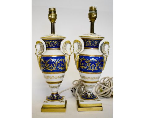 PAIR OF 19TH CENTURY CERAMIC VASE TABLE LAMPS, 24.5cm H. (one with damage) (2)