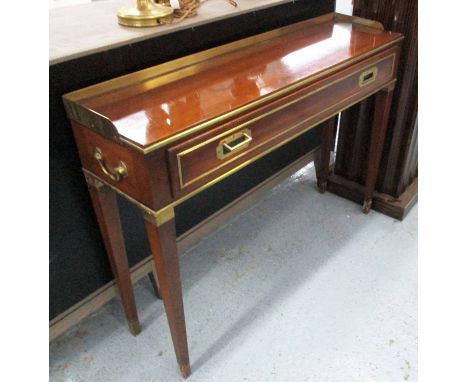 CONSOLE TABLE, military campaign style with brass, 3/4 gallery, 28cm x 109cm W. (with faults)