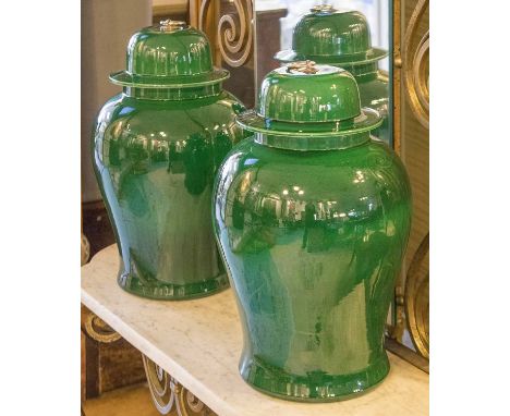 VASES, a pair, Chinese jade green ceramic in the form of  ginger jars. 45cm H. (2)