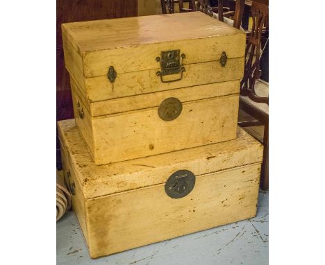 TRUNK, Chinese velum, hinged top with side handles, 42cm H x 84cm W x 63cm D; another smaller, 30cm H x 68cm W x 44cm D and a