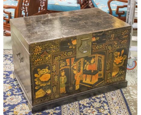 TRUNK, Chinese black lacquer with decoration of figures, hinged top and side handles, 61cm H x 91cm W x 60cm D