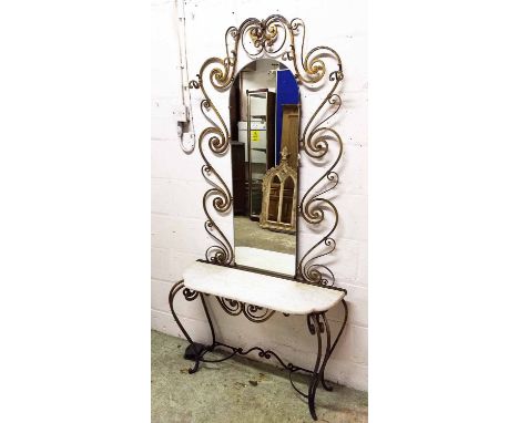 HALL CONSOLE TABLE, early 20th century, Spanish, gilded iron with arched mirror above a  marble top, 94cm W x 193cm H x 32cm.
