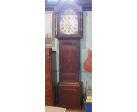 An oak cased eight day longcase clock, the painted dial having hunting scene and signed Wright, Birmingham, the broken pedime