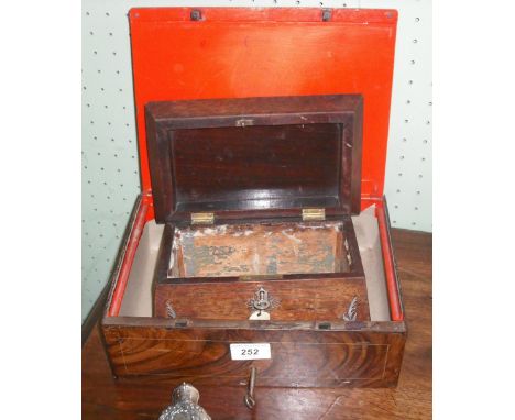 A hardwood tea caddy with inlaid mother of pear decoration (AF), together with a silver scent bottle cover and a metal safe b