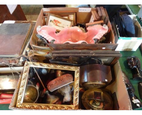 Two boxes containing miscellaneous items, to include: framed military uniform pictures, a large Continental majolica-style pl