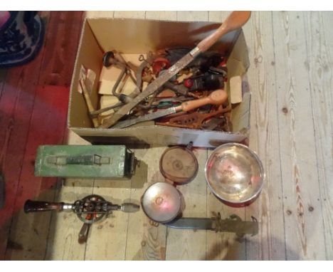 A box containing a Russian bayonet, a quantity of woodworking and other tools, a mid-20th century ammunition tin and other it