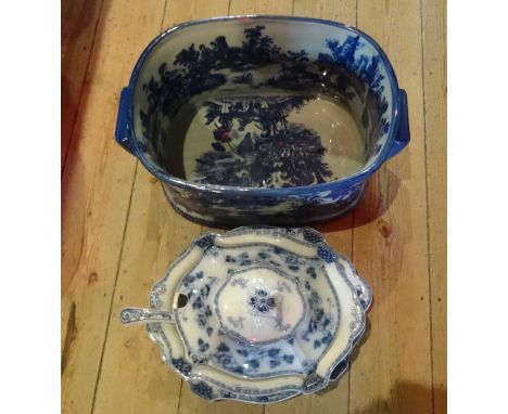 A large blue and white twin handled foot bath, decorated in the Oriental manner, together with an Albion Pottery Kioto patter