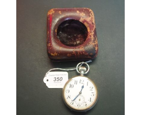 A white metal cased Goliath pocket watch, Swiss movement, the enamel dial bearing Arabic numerals, in fitted red leather oute