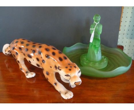 A 1930's green glass Art Deco centrepiece, formed as a seated maiden, together with a similarly coloured green glass bowl and