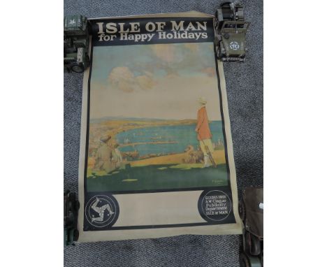 An original portrait Isle of Man Advertising Poster after P.Chisolm, Isle of Man for Happy Holidays, Guides free AW Clague Pu
