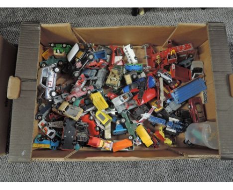 A box of playworn diecasts including Corgi, Dinky, Britains etc