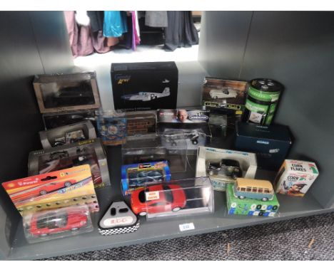 A shelf of modern diecasts including Corgi, Burago, Rio etc, all boxed, approx 20