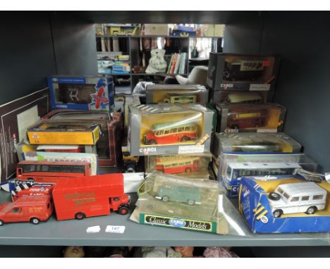 A shelf of Corgi diecasts, 1980's onwards, mainly boxed, part boxed, approx 30