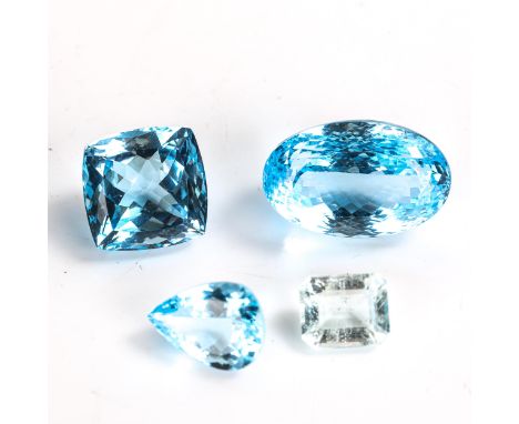 3 loose gemstones, comprising 4.25ct rectangular step-cut aquamarine, 43.26ct oval blue topaz, and 24.71ct cushion-cut blue t