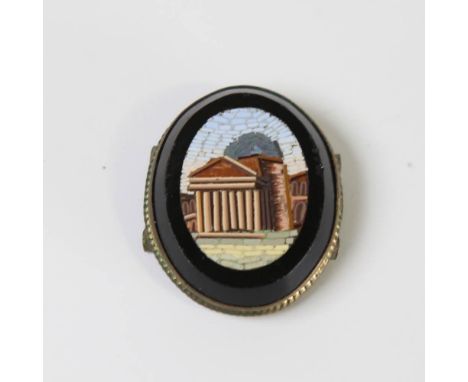 A Grand Tour Italian micro-mosaic plaque, depicting The Pantheon, Rome, gilt metal settings, plaque height 25.8mm, 5.5gNo dam