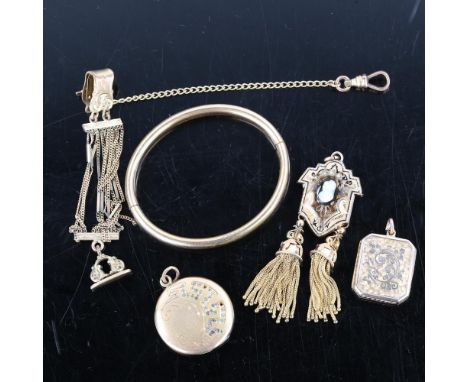 Various unmarked yellow metal and gold plated jewellery, including cameo tassel brooch, lockets, bangle, etc, 56.1g total (5)