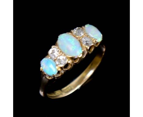 An early 20th century 18ct gold 7-stone opal and diamond half hoop ring, set with oval cabochon opals and old cut diamonds, s