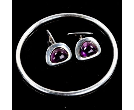 VIGGO WOLLNY - a pair of Danish sterling silver and amethyst cufflinks, and an unnamed and unmarked plain slave bangle, inter