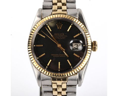 ROLEX - a bi-metal Oyster Perpetual Datejust automatic bracelet watch, ref. 1601, circa 1966, dark grey dial with gilt baton 