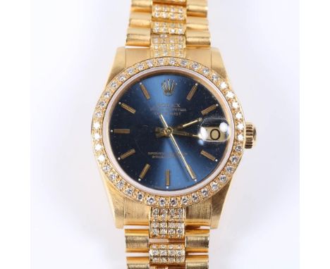 ROLEX - a mid-size 18ct gold Oyster Perpetual Datejust automatic bracelet watch, ref. 68278, circa 1984, blue dial with gold 