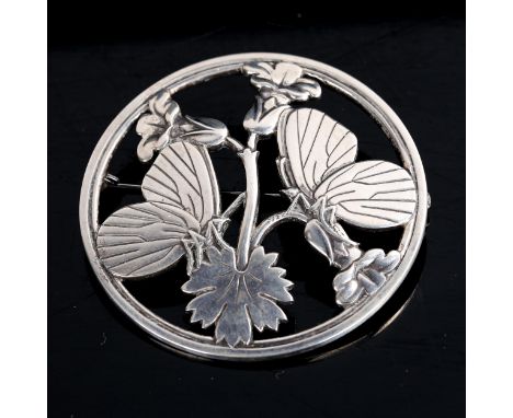 GEORG JENSEN - a Vintage Danish Moonlight Blossom brooch, openwork stylised sterling silver settings with butterfly design, d