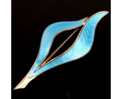 FINN JENSEN - a Norwegian stylised vermeil sterling silver and blue enamel leaf brooch, brooch length 71.8mm, 8.8gNo damage o