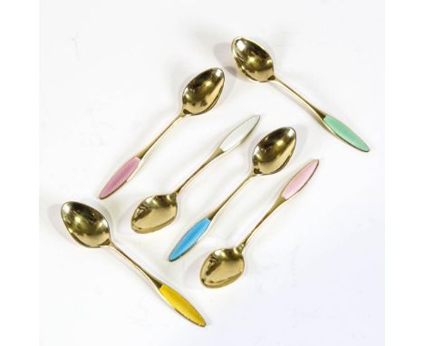 FRIGAST - a set of 6 Danish vermeil sterling silver and harlequin enamel coffee spoons, engine turned decoration, spoon lengt