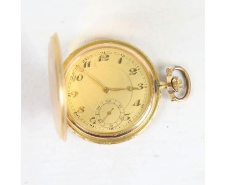 An Art Deco Continental 14ct gold full hunter pocket watch, gilt dial with gilt Breguet Arabic numerals, subsidiary seconds d