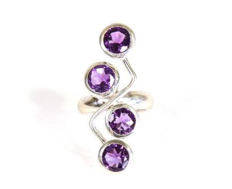 A large modern handmade silver amethyst abstract ring, set with round cut amethyst, setting height 42.5mm, size P, 12gNo dama