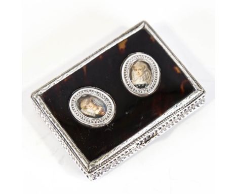 An early 20th century Continental silver and tortoiseshell box, with inset miniature handpainted portrait lid, engraved folia