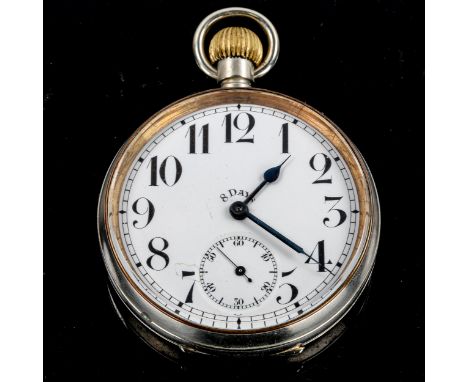 A nickel 8-Day Goliath open-face top-wind pocket watch, white enamel dial with Arabic numerals, subsidiary seconds dial and b