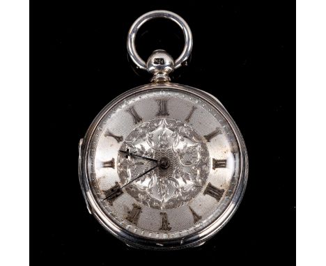 A 19th century silver cased open-face key-wind pocket watch, foliate engraved silvered dial with applied gold Roman numerals 