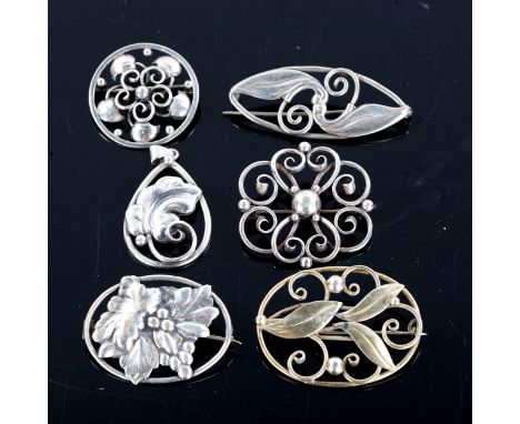 5 Vintage Danish silver floral brooches and a pendant, openwork stylised settings, makers include C Brumberg Hansen, largest 