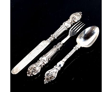 A Victorian silver 3-piece christening set, comprising spoon, knife and fork, relief embossed cherub and foliate decoration, 