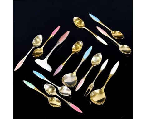 FRIGAST - a set of 14 Danish vermeil sterling silver and harlequin enamel flatware, comprising 1 x pusher, 1 x pickle fork, 2