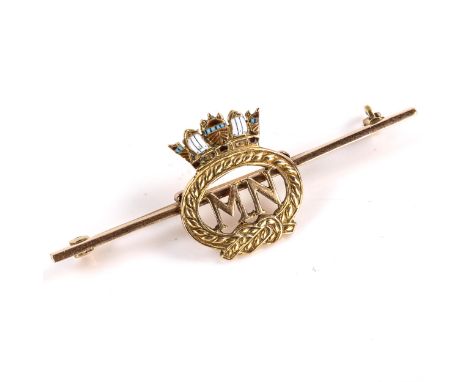 A 9ct gold and enamel Merchant Navy bar brooch, brooch length 50.3mm, 3.4gNo damage or repairs, settings lightly abraded, no 
