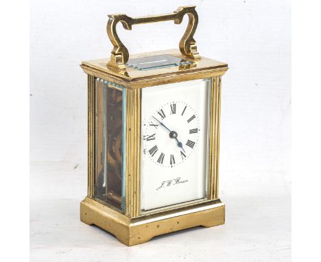 J W BENSON - a brass cased carriage clock, white enamel dial with Roman numerals and exhibition glass plates, back plate no. 