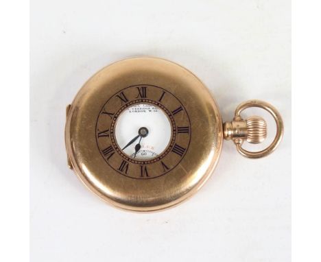 ROLEX - an early 20th century 9ct gold half hunter pocket watch, retailed by Camerer Cuss & Co of Uxbridge Road, London, whit