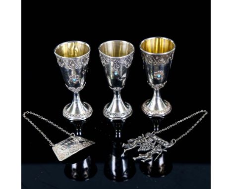 Various Israeli silver, comprising 3 x turquoise-set Kiddush cups and 2 x decanter labels, cup height 7.5cm, 2.5oz total (5)A
