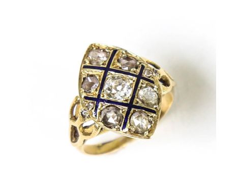 A 19th century diamond and blue enamel marquise panel ring, unmarked gold settings with old European and rose cut diamonds wi