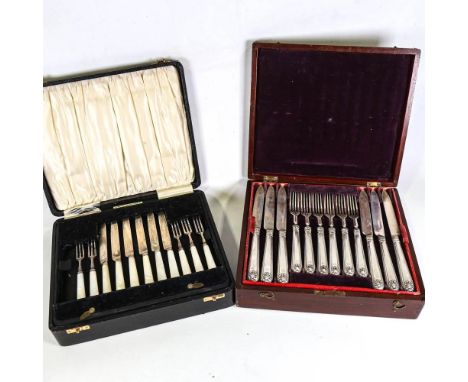 2 groups of silver bladed dessert knives and forks, makers include James Deakin & Sons and James Smith & Sons, hallmarks Shef