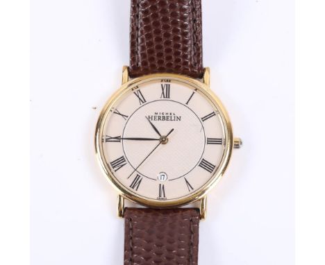 MICHEL HERBELIN - a gold plated stainless steel Classiques quartz wristwatch, ref. 12443, cream engine turned dial with Roman