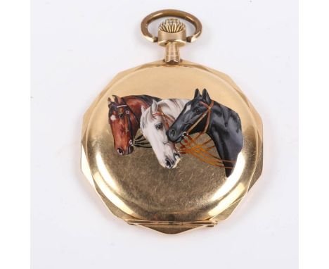 An Art Deco Continental 14ct gold enamel horses full hunter pocket watch, dodecagonal form, the front cover decorated with th