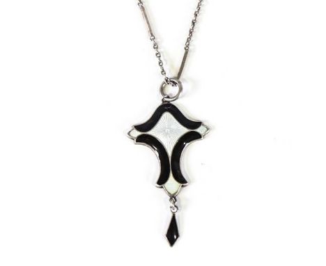 A Continental Art Nouveau sterling silver and enamel pendant necklace, on unmarked white metal chain, maker's mark JA&amp;S, 