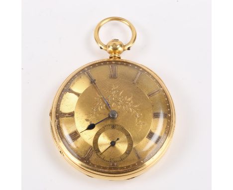 A mid 19th century 18ct gold open face keywind pocket watch, two colour gold dial with applied Roman numerals, engraved flora