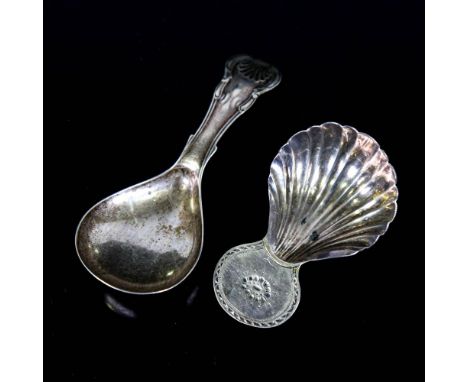 2 silver tea caddy spoons, comprising Georgian and Victorian examples, largest length 9cm (2)Georgian example has a repaired 