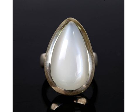A large modern handmade silver moonstone ring, set with large pear cabochon moonstone, setting height 30.2mm, size R, 16.2gNo