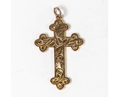An early 20th century 9ct rose gold cross pendant, engraved foliate decoration, by Able & Charnell, hallmarks, Chester 1915, 