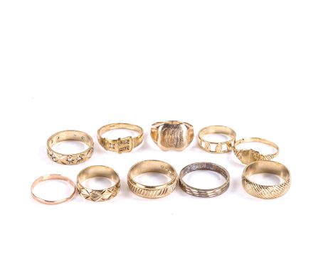 7 various 9ct gold rings, 20.4g, 2 9ct gold stone set rings, 4.9g, and an unmarked gold band ring, 0.5g (10)Lot sold as seen 